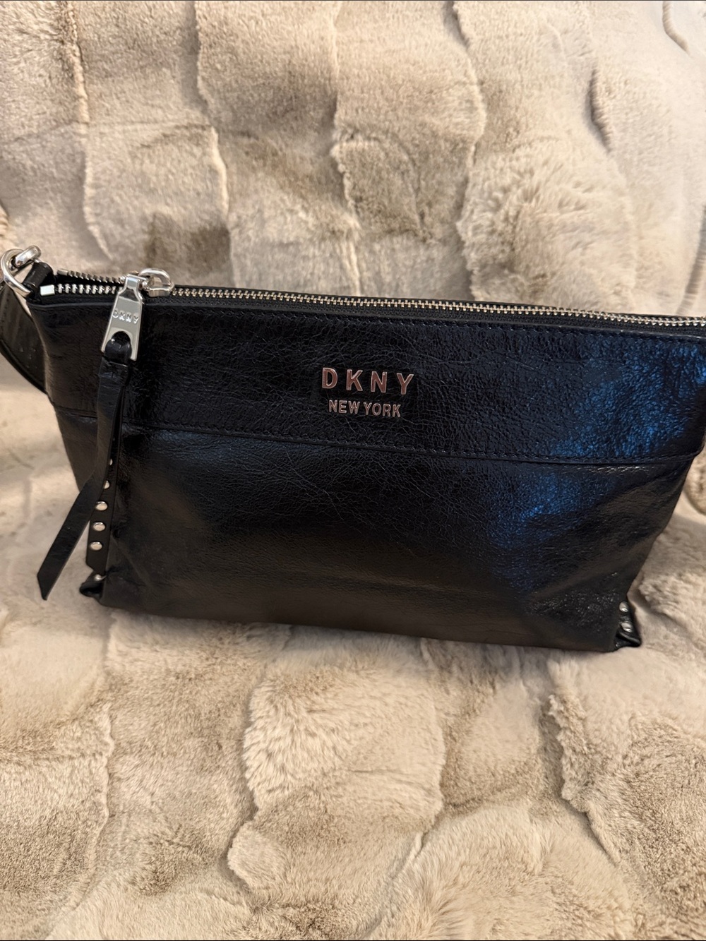 DKNY Black Leather Zip crossbody with Studded Strap